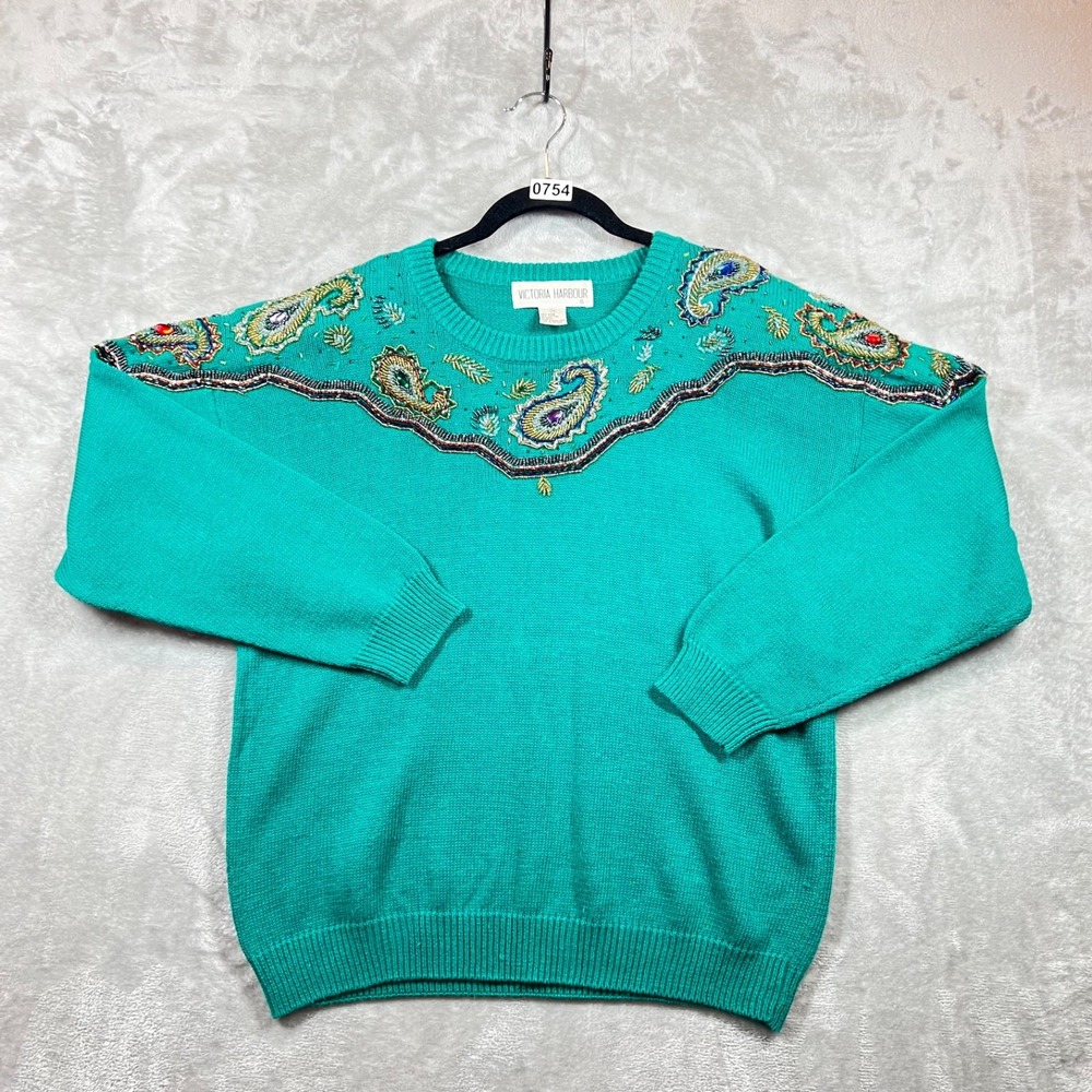 Victoria Harbour Black Embellished Jeweled Ribbon Sweater Large Vintage Ramie